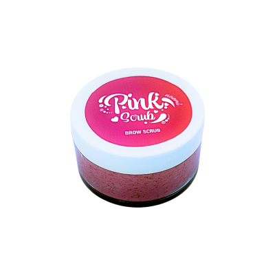 Frasco pequeno de exfoliante para sobrancelhas Pink Scrub com tampa branca.