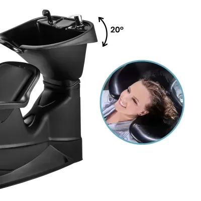 Pia de lavagem preta para salão com encosto ajustável e torneiras metálicas