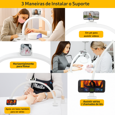 Suporte de anel de luz branco para telefone móvel, usado em várias posições para vídeo e chamadas