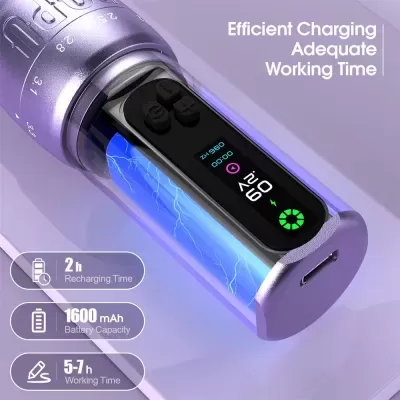 Dispositivo tecnológico roxo com visor digital e texto sobre tempo de carregamento e bateria