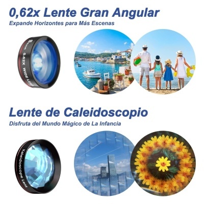 Imagens de lentes 0,62x Grande Angular e Lente de Caleidoscopio com exemplos de fotos