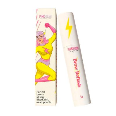 Produto cosmético Pink Flash Brow Relash com embalagem ilustrada colorida