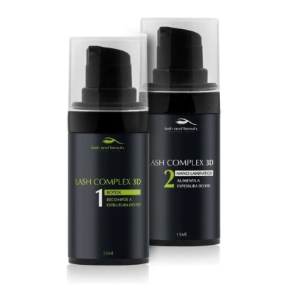 Dois frascos pretos de produtos de beleza LASH COMPLEX 3D com tampas transparentes