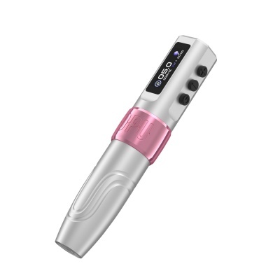 Dispositivo digital prateado com visor e botões pretos e faixa rosa transparente