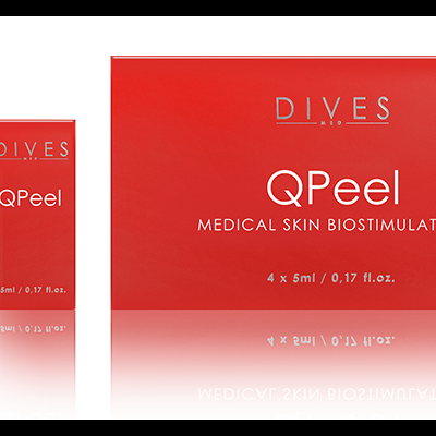 Conjunto QPeel da marca DIVES com frasco e caixa vermelha e texto branco.