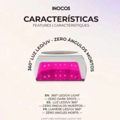 Dispositivo branco para cura de unhas com luz LED UV rosa e texto informativo em vários idiomas
