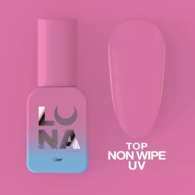 Verniz de unhas LUNA em frasco rosa azul e amostra rosa com texto TOP NON WIPE UV