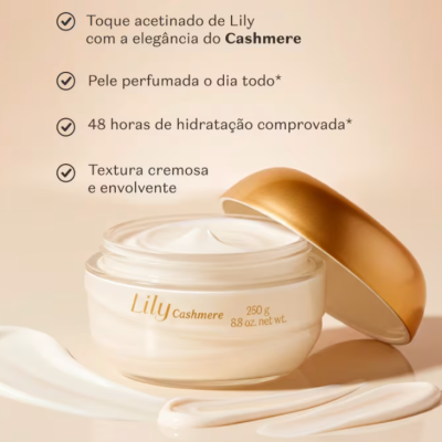 Frasco de creme corporal Lily Cashmere com tampa dourada e creme branco à vista
