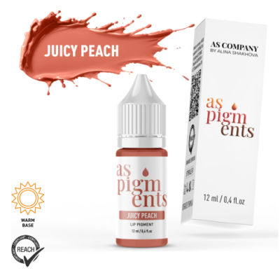 Frasco pequeno de pigmento labial Juicy Peach da AS COMPANY, embalagem branca, texto laranja e preto, capacidade 12 ml