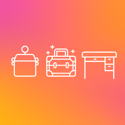 Ícones de panela, mala e secretária em branco sobre fundo degradê cor de rosa para laranja