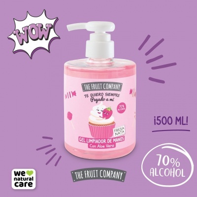 Frasco de gel limpador de mãos rosa com doseador branco e rótulo decorado