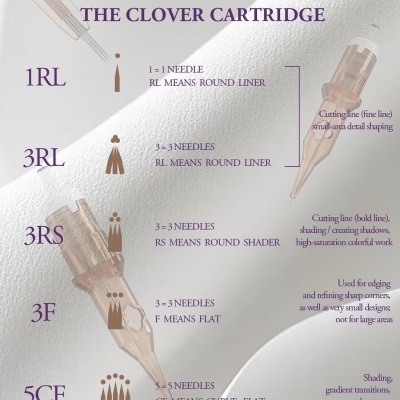 Explicação visual do uso de cartuchos de agulhas Clover para microblading com texto e imagens de agulhas.