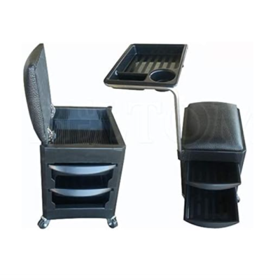 Móvel organizador preto com banco, prateleiras e bandeja superior ajustável