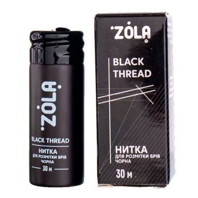 Frasco e embalagem de fio para depilação Zola Black Thread pretos com texto branco