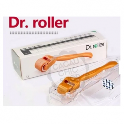 Rolo de microagulhas Dr. roller bronze com embalagem branca e caixa de plástico transparente
