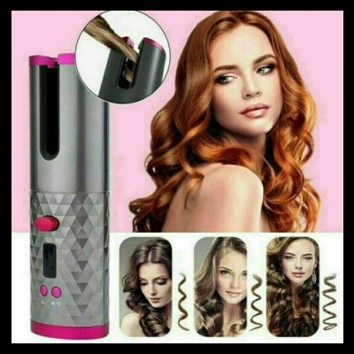 Aparelho modelador de cabelo cinza com detalhes rosa e imagens de mulheres com cabelo ondulado