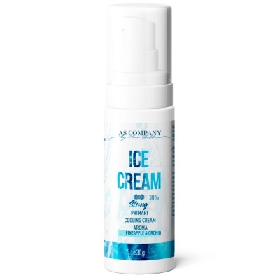 Frasco branco com doseador e rótulo azul de creme ICE CREAM 30% da AS COMPANY