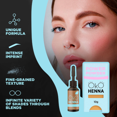 Frasco e embalagem de corante Okö Henna com rosto feminino e texto descritivo em fundo azul e preto