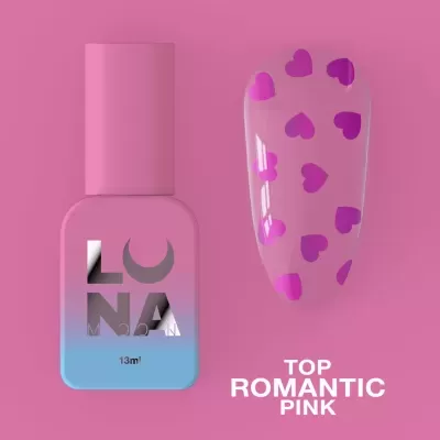 Verniz de unhas rosa azul com amostra decorada com corações cor-de-rosa
