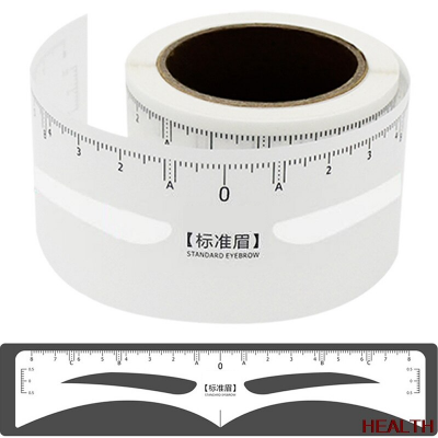 Stencil para sobrancelhas em fita adesiva com marcações de régua e régua plástica preta com texto STANDARD EYEBROW