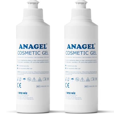 Frascos brancos de gel cosmético ANAGEL com texto azul e preto