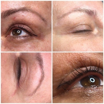 Olhos femininos castanhos com pestanas alargadas em quatro ângulos