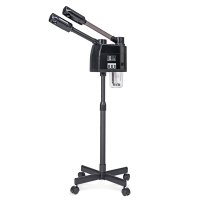 Aparelho de vapor profissional para cabelo preto com base móvel e reservatório transparente