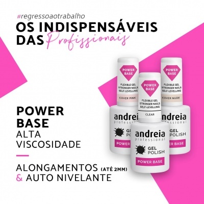 Frascos de gel para unhas Andreia Professional Power Base em fundo branco e rosa com texto promocional em português.