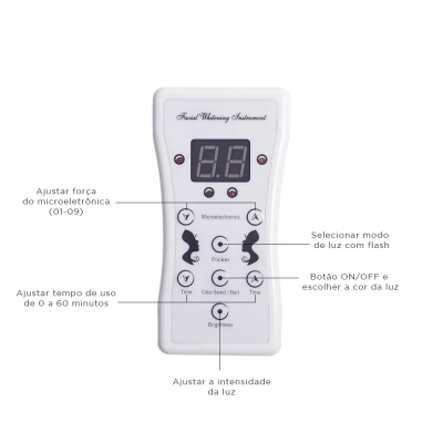 Dispositivo branco de clareamento facial com visor digital e botões de ajuste