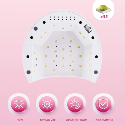 Aparelho de unhas semicircular branco com luzes LED e ícones explicativos sobre potência e função