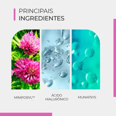 Imagem mostrando os principais ingredientes MINIPORYL™, ÁCIDO HIALURÔNICO e MUNAPSYS.