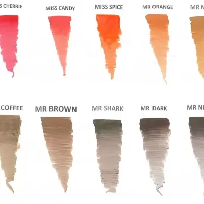 Amostras de cores de batom com nomes em letras maiúsculas acima de cada amostra