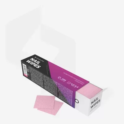 Caixa de lenços para unhas com embalagem preta e roxa e lenços rosa com padrão de pontos.