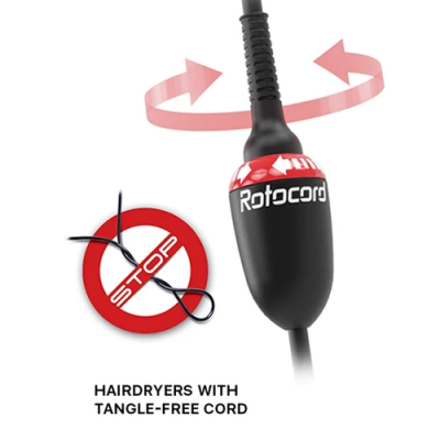 Cabo giratório preto com peça rotativa Rotocord e símbolo STOP para cabelo