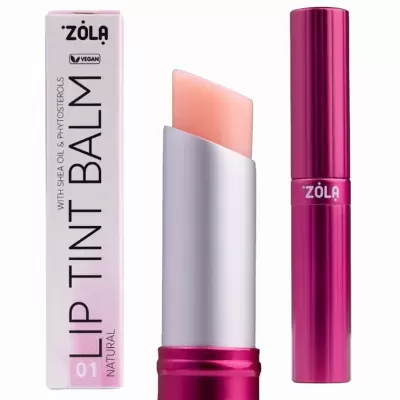 Bálsamo labial ZOLA Lip Tint Balm cor natural 01 com embalagem rosa metálica