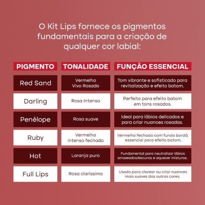 Infográfico em fundo rosa com colunas detalhando pigmentos, tonalidades e funções essenciais para batons do Kit Lips.