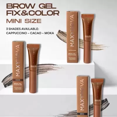 Três produtos de gel para sobrancelhas MAXYMOVA em tons castanhos, CACAO, CAPPUCCINO e MOKA, com embalagens e tubos exibidos em fundo branco.