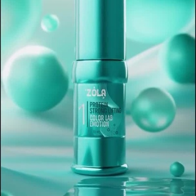 Dois frascos de produtos cosméticos Zola com esferas coloridas ao redor