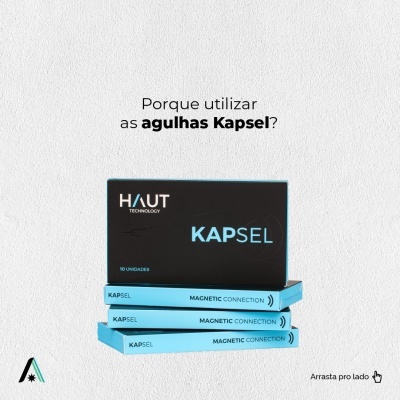 Caixas de agulhas Kapsel em fundo branco com texto promocional