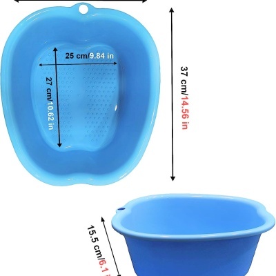 Bacia azul de plástico com medições em cm e polegadas