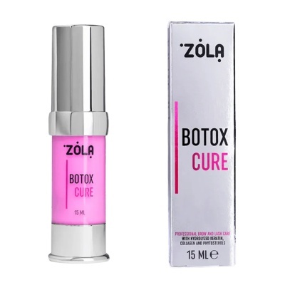 Frasco rosa com tampa prateada e caixa branca do produto ZOLA Botox Cure 15 ML