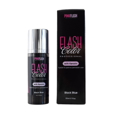 Frasco e caixa do produto FLASH Color PINKFLASH para coloração de pestanas e sobrancelhas na cor Black Blue