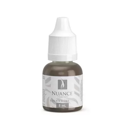 Frasco pequeno de plástico marrom com tampa branca e rótulo NUANCE PIGMENTS
