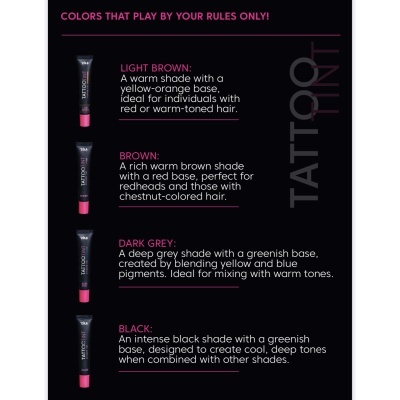 Quatro tubos negros de tinta para tatuagem TATOOTINT com tampa rosa e descrições das cores em fundo preto