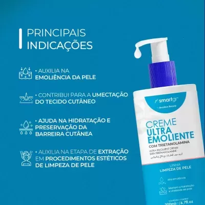 Frasco branco com tampa azul-roxa de Creme Ultra Emoliente Smartgi contra fundo azul