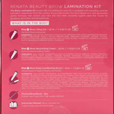 Kit laminação sobrancelhas RENATA BEAUTY com três frascos e pincel em caixa rosa