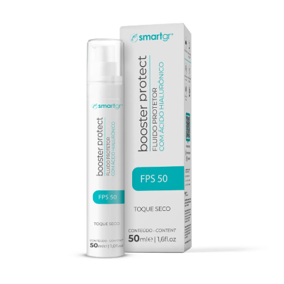 Frasco e caixa do Booster Protect Smartgr com FPS 50 e ácido hialurónico, embalagem branca e azul.