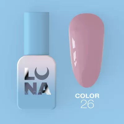Frasco de verniz de unhas azul com amostra rosa e texto COLOR 26