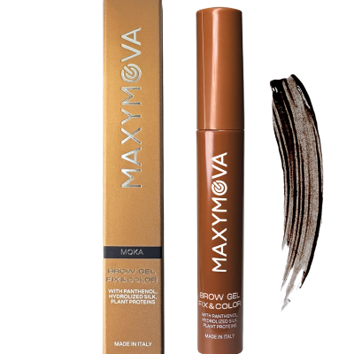 Gel para sobrancelhas MAXYMOVA Brow Gel Fix & Color na cor Moka com embalagem dourada e tubo castanho