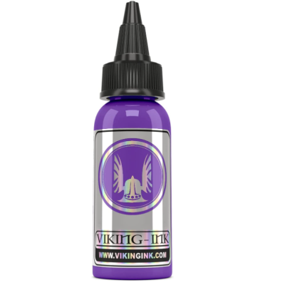 Frasco de tinta roxo com tampa preta e rótulo branco com logo e texto